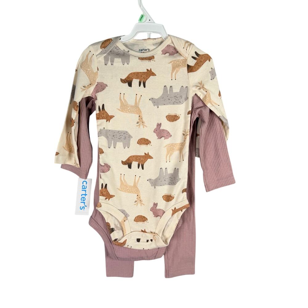 Carters 18M Girls 3pc Outfit Set Forest Animals Mauve Ribbed Pants One Piece Top